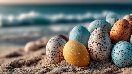 Colorful Easter Eggs on Sandy Beach with Ocean Background