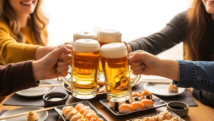 Group of friends toasting beers in casual dining setting with japanese style coming of age day background