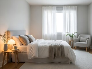 Calming bedroom interior with cozy bed, soft lighting and serene decor