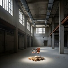 Chair atop pallet in vast industrial space bathed in ethereal light