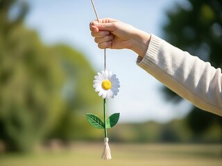 Child's hand holds a whimsical daisy decoration outdoors in bright sunlight