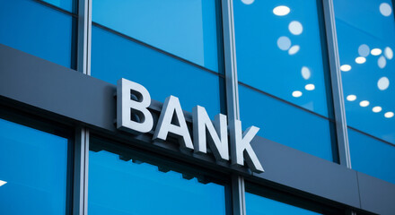 Modern bank building exterior with prominent signage and reflective glass facade
