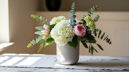 Elegant Floral Arrangement of Hydrangeas and Roses in a Modern Vase