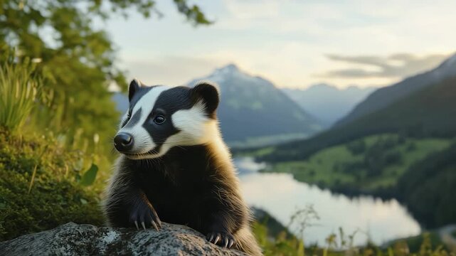 Close up of badger sitting on rock in mountain landscape, copy space