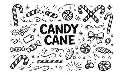 Obraz premium Hand-drawn candy cane doodles and festive holiday elements in black and white