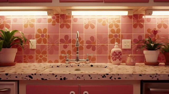 Retro Pink Kitchen with Floral Tiles, Checkerboard Door, and Potted Plants on a Speckled Counter