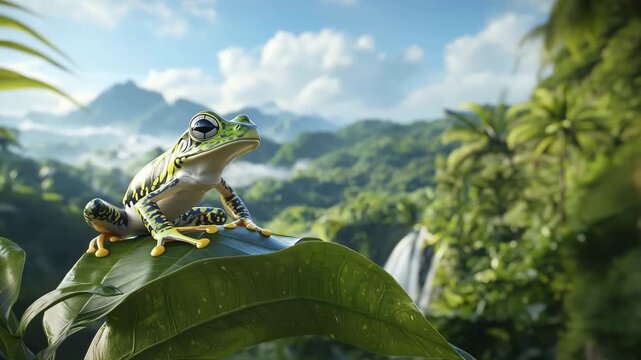 Colorful tropical frog perched on green leaf in lush rainforest with mountains in background