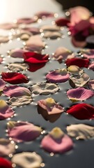 Floating rose petals on dark water with soft light creating tranquil scene