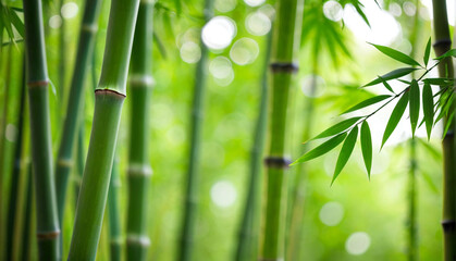 Close-up of bamboo plant with single leaf in foreground against blurred green forest background