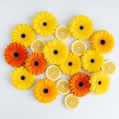 Gerbera blossoms with citrus slices creating a joyful summer design