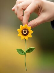 Hand delicately holding a crafted sunflower with button detailing close-up