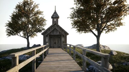 Seaside wooden boardwalk toward a small central chapel framed by trees and water