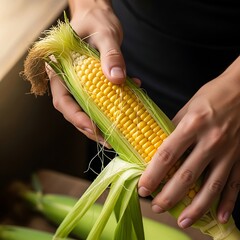 Hands peeling fresh golden corn on the cob, a taste of summer harvest