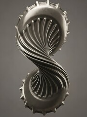 Intricate metallic spiral, abstract industrial form on neutral gradient