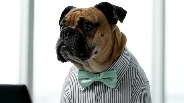 Dedicated Canine Manager Wearing a Stylish Bowtie Reviewing Critical Corporate Data in a Bright, Modern Office Setting &mdash; A Serious and Committed Professional Leading the Way
