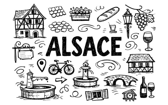 Doodle illustration of Alsace region landmarks and symbols in black and white