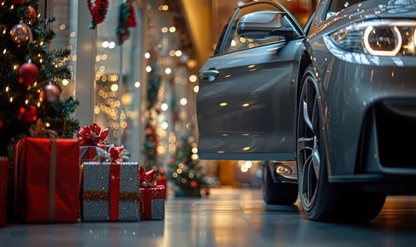Luxury car standing in showroom beside wrapped presents and festive christmas tree, symbolizing holiday giving and celebrating