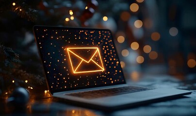 Laptop screen displaying glowing email icon with festive bokeh lights in background, sending digital greetings for holidays