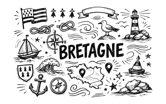 Doodle illustration of Bretagne region with nautical symbols and map