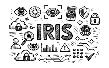 Obraz premium Doodle illustration of IRIS technology with security and data icons