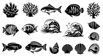 Marine Life Variety: Fish Coral Waves and Shells in Black and White.