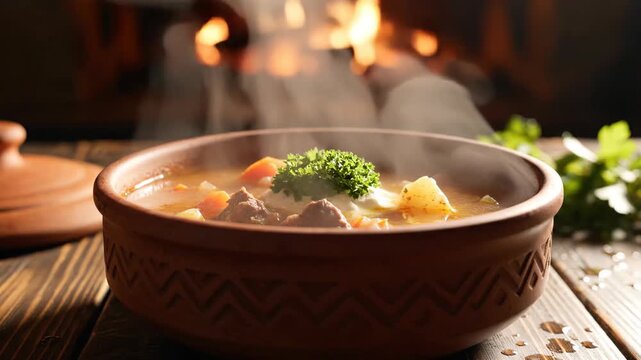Close up of a serving spoon with hot stew in a rustic bowl