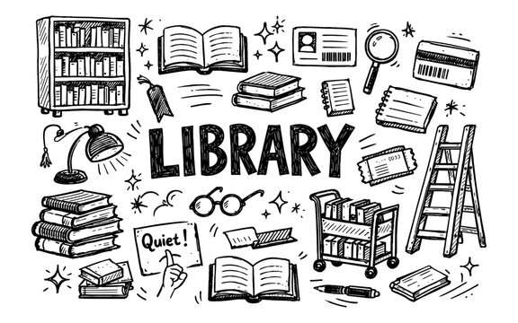 Doodle illustration of library elements and books for educational or creative themes