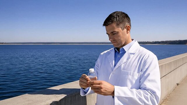 Male environmental researcher analyzing water sample purity at concrete dam reservoir, water supply safety concept