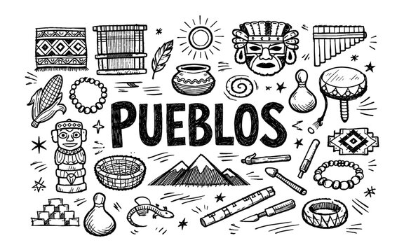 Doodle illustration of indigenous cultural symbols and artifacts from South America