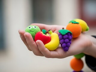 Hand displaying a vibrant assortment of whimsical toy fruit characters