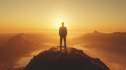 The man standing on the mountaintop facing the sunrise