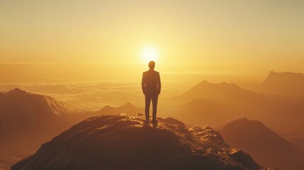 The man standing on the mountaintop facing the sunrise
