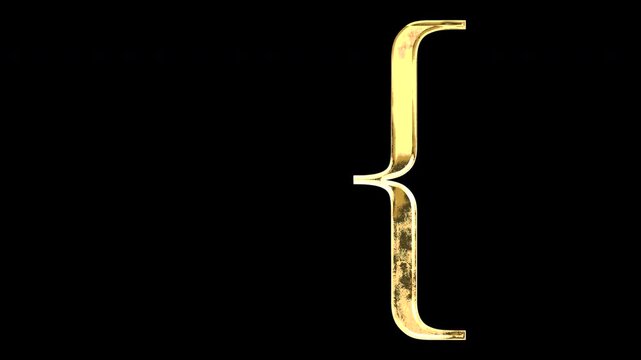 Gold opening curly braces, light reflecting and patterns shifting, alpha channel
