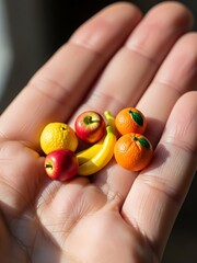 Tiny fruit display on a human palm, showing the palm texture detail