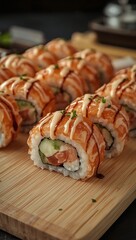 Sushi rolls with salmon and cucumber on a wooden board