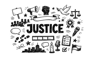 Obraz premium Doodle illustration of justice and human rights symbols with the word justice