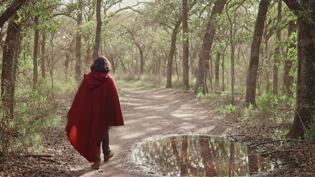 Solitary figure in a vivid red cloak walking along a sunlit forest path among tall trees