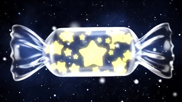 Space-Themed Candy Wrapper Illuminated with Yellow Star-Shaped Glowing Stars in a Dark Cosmos