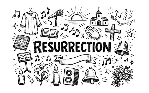 Doodle illustration of resurrection symbols and religious elements in black and white