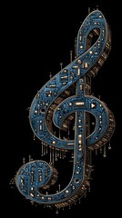 Obraz premium Music notes in circuit board style with blue and orange accents, for tech-themed designs, audio projects, or educational materials