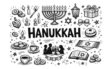Happy Hanukkah doodle illustration with menorah, dreidel, gelt, and sufganiyot