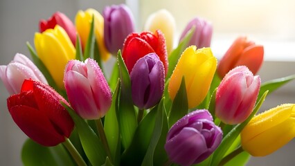 Vibrant multicolored tulips bouquet in various shades of pink, purple, yellow,