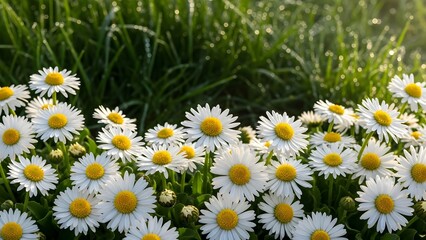 Fototapeta premium A vibrant cluster of white daisies with yellow centers growing in a lush green