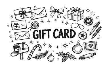 Hand drawn doodle style "Gift Card" surrounded by festive holiday and mail elements