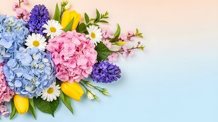 Colorful bouquet of hydrangeas, tulips, daisies, and other flowers on pastel