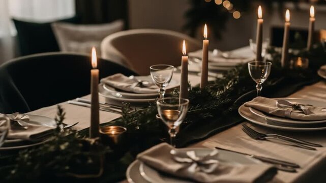 A formal dining table set with candles, plates, and glasses on a dark green runner, surrounded by chairs in a dimly lit room. Perfect for dinner parties, restaurant promotions, and wedding