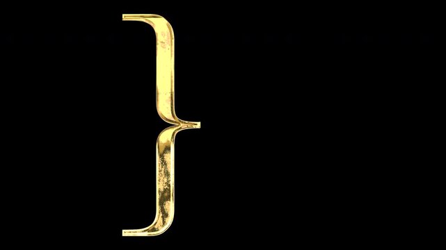 Gold closing curly braces, light reflecting and patterns shifting, alpha channel