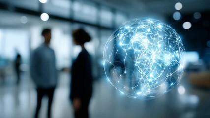 Futuristic digital globe with interconnected network nodes floats in a modern office environment. Two blurred business professionals are seen discussing technology in the background - Powered by Adobe