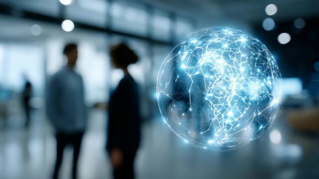 Futuristic digital globe with interconnected network nodes floats in a modern office environment. Two blurred business professionals are seen discussing technology in the background