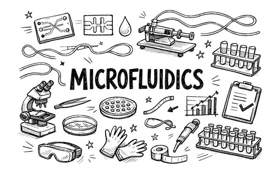 Doodle illustration of microfluidics lab equipment and concepts with text